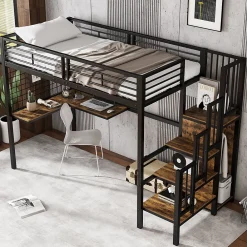 Redom Lit superposé 90x200 cm avec armoire intégrée et échelle latérale, structure métal et MDF, noir/noyer foncé*Enfant Lit Enfant