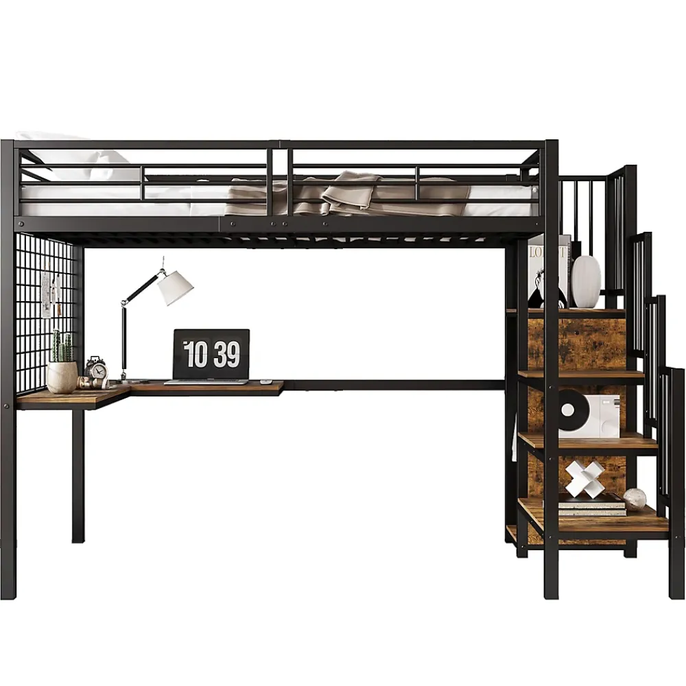 Redom Lit superposé 90x200 cm avec armoire intégrée et échelle latérale, structure métal et MDF, noir/noyer foncé*Enfant Lit Enfant