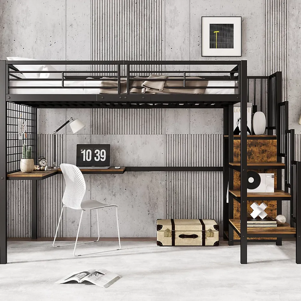 Redom Lit superposé 90x200 cm avec armoire intégrée et échelle latérale, structure métal et MDF, noir/noyer foncé*Enfant Lit Enfant
