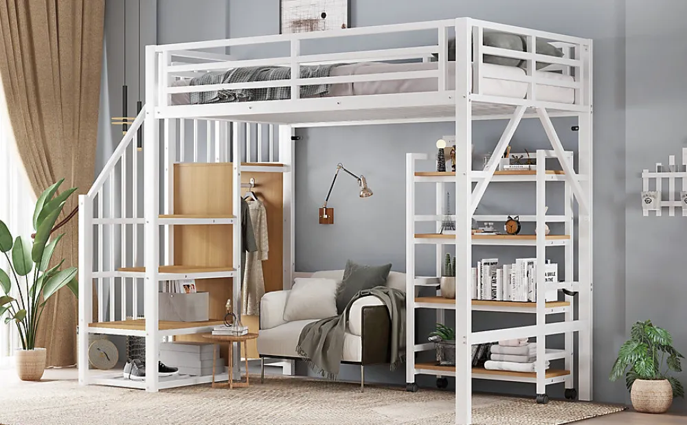 Lit superposé 90x200 cm avec armoire d'angle, étagère roulante et garde-corps, structure métal/MDF>Redom Best