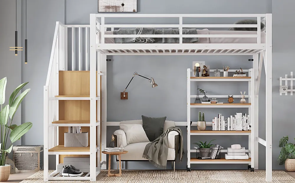 Lit superposé 90x200 cm avec armoire d'angle, étagère roulante et garde-corps, structure métal/MDF>Redom Best