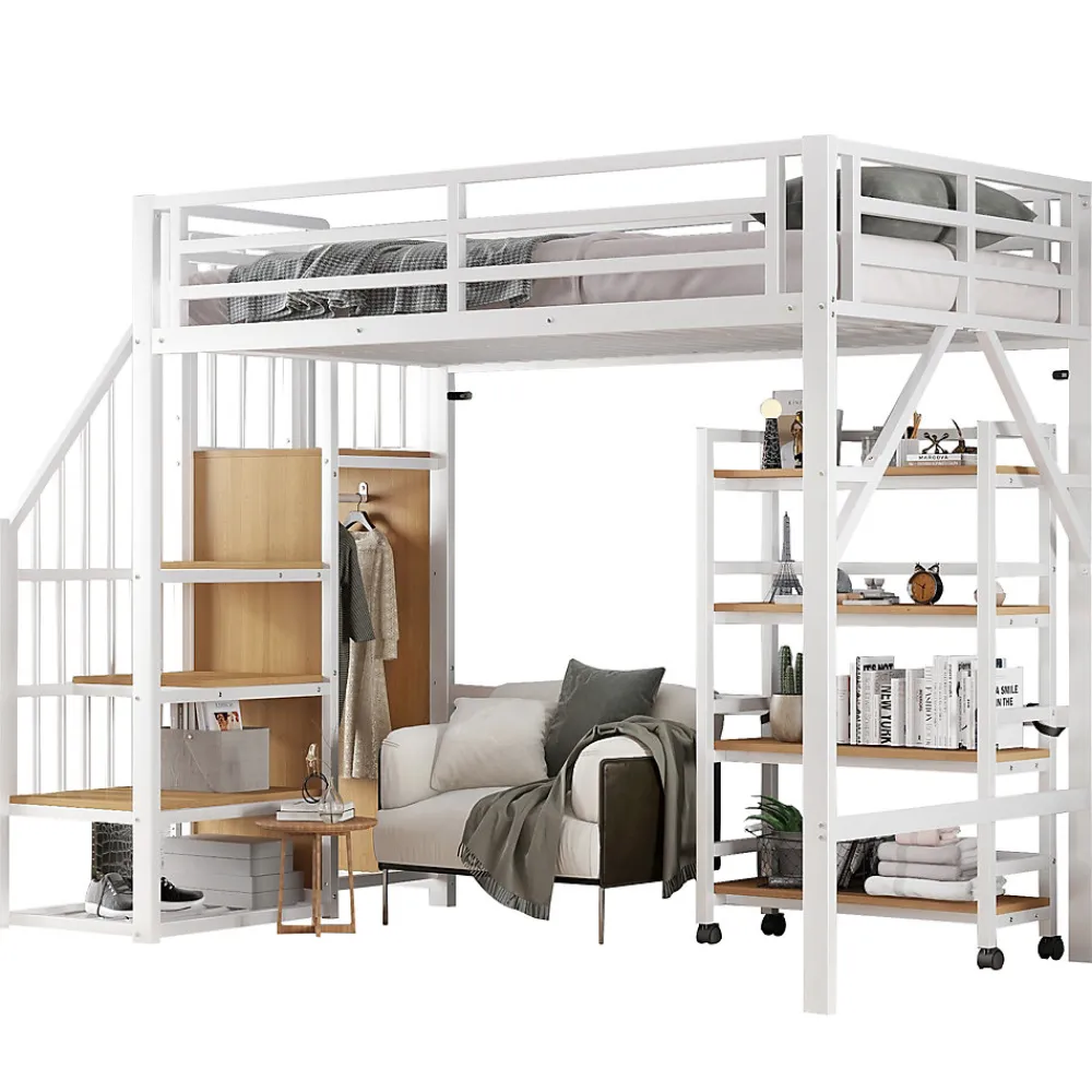 Lit superposé 90x200 cm avec armoire d'angle, étagère roulante et garde-corps, structure métal/MDF>Redom Best