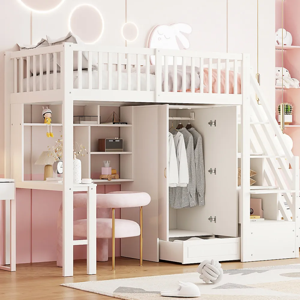 Lit superposé 90x200 cm avec armoire et bureau intégrés, escalier tiroirs en bois massif blanc, gain de place>Redom Online