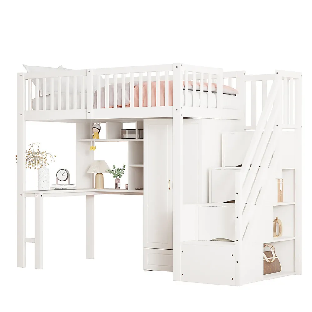 Lit superposé 90x200 cm avec armoire et bureau intégrés, escalier tiroirs en bois massif blanc, gain de place>Redom Online