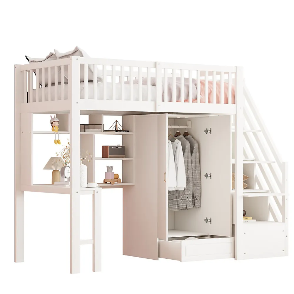 Lit superposé 90x200 cm avec armoire et bureau intégrés, escalier tiroirs en bois massif blanc, gain de place>Redom Online