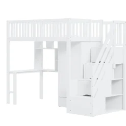 Lit superposé 90x200 cm avec armoire et bureau intégrés, escalier tiroirs en bois massif blanc, gain de place><noscript><img width=