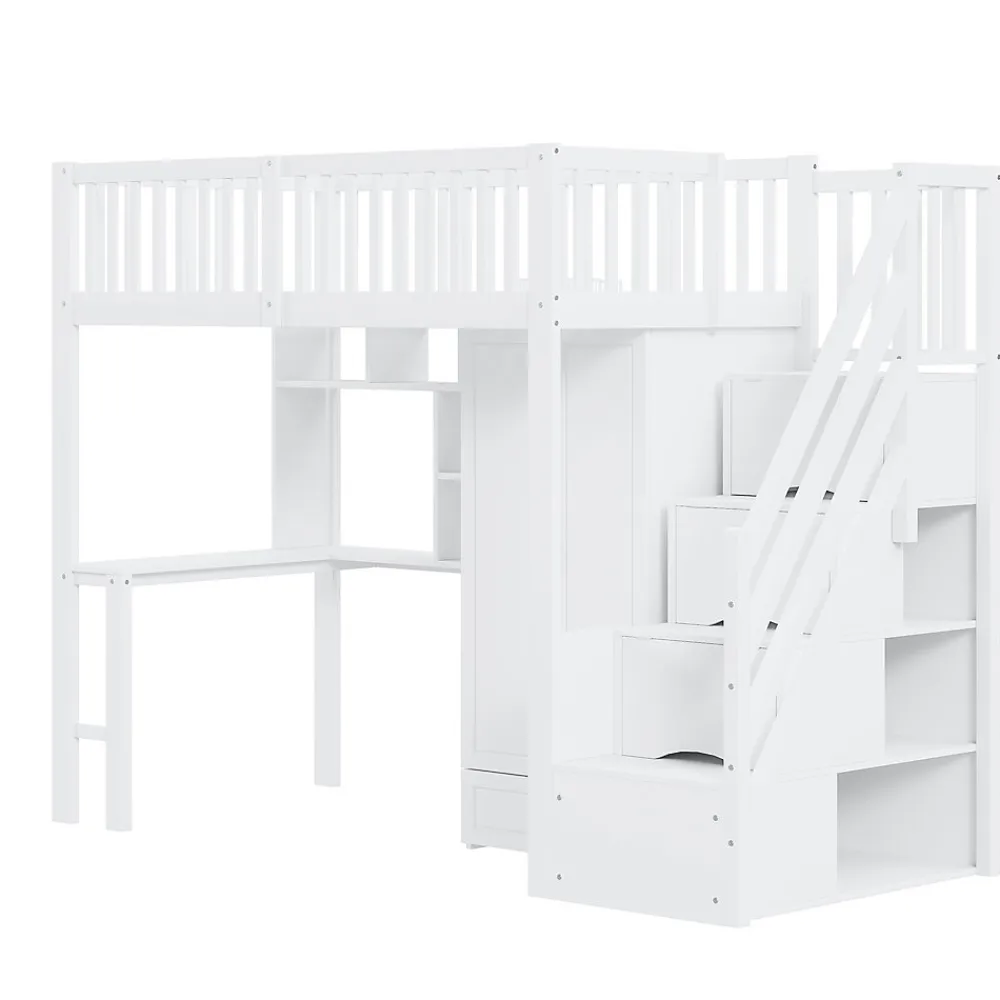 Lit superposé 90x200 cm avec armoire et bureau intégrés, escalier tiroirs en bois massif blanc, gain de place>Redom Online