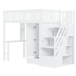 Lit superposé 90x200 cm avec armoire et bureau intégrés, escalier tiroirs en bois massif blanc, gain de place><noscript><img width=