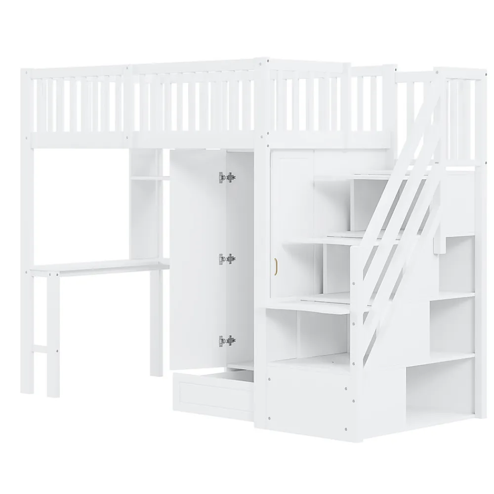 Lit superposé 90x200 cm avec armoire et bureau intégrés, escalier tiroirs en bois massif blanc, gain de place>Redom Online