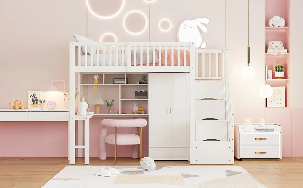 Lit superposé 90x200 cm avec armoire et bureau intégrés, escalier tiroirs en bois massif blanc, gain de place>Redom Online