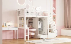 Lit superposé 90x200 cm avec armoire et bureau intégrés, escalier tiroirs en bois massif blanc, gain de place><noscript><img width=