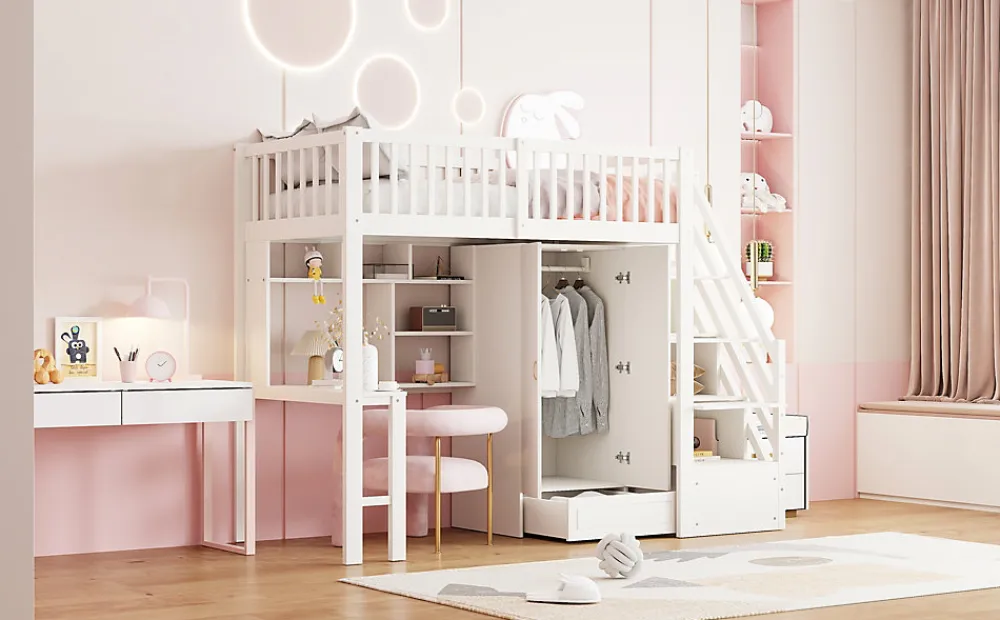 Lit superposé 90x200 cm avec armoire et bureau intégrés, escalier tiroirs en bois massif blanc, gain de place>Redom Online