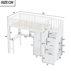 Lit superposé 90x200 cm avec armoire et bureau intégrés, escalier tiroirs en bois massif blanc, gain de place><noscript><img width=