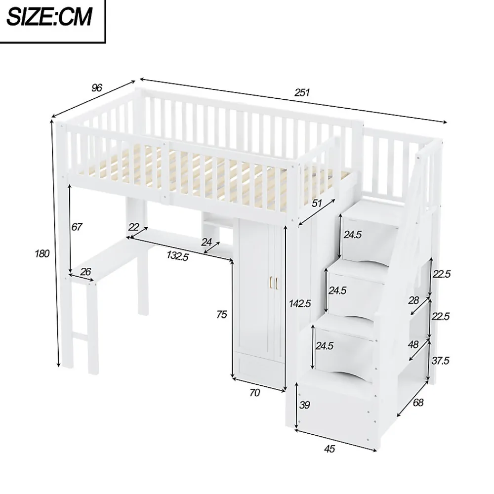 Lit superposé 90x200 cm avec armoire et bureau intégrés, escalier tiroirs en bois massif blanc, gain de place>Redom Online