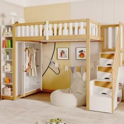 Lit superposé 90x200 cm avec armoire intégrée et échelle à tiroirs en bois massif, blanc et bois naturel>Redom Clearance