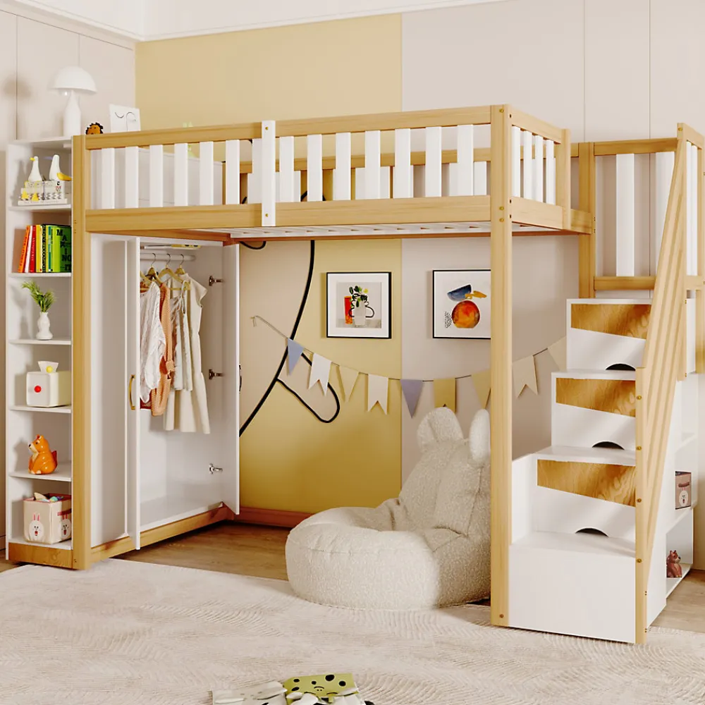 Lit superposé 90x200 cm avec armoire intégrée et échelle à tiroirs en bois massif, blanc et bois naturel>Redom Clearance