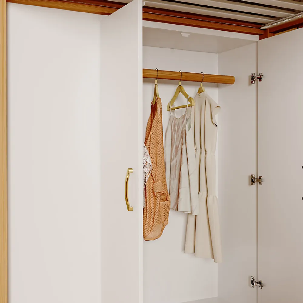 Lit superposé 90x200 cm avec armoire intégrée et échelle à tiroirs en bois massif, blanc et bois naturel>Redom Clearance