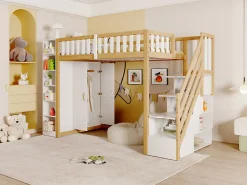 Lit superposé 90x200 cm avec armoire intégrée et échelle à tiroirs en bois massif, blanc et bois naturel><noscript><img width=