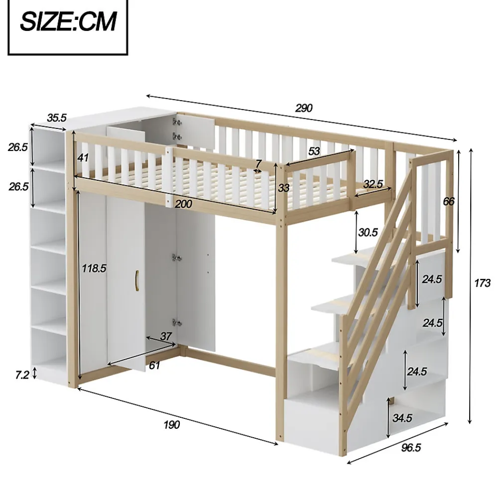 Lit superposé 90x200 cm avec armoire intégrée et échelle à tiroirs en bois massif, blanc et bois naturel>Redom Clearance