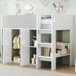 Lit superposé 90x200 cm avec armoire, étagères et échelle intégrée, structure bois massif gris>Redom Online
