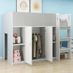 Lit superposé 90x200 cm avec armoire, étagères et échelle intégrée, structure bois massif gris><noscript><img width=