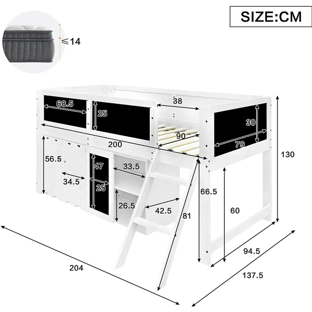 Redom Lit superposé 90x200 cm avec armoire 2 portes, tableau à craie et échelle inclinée en pin/MDF*Enfant Lit Enfant