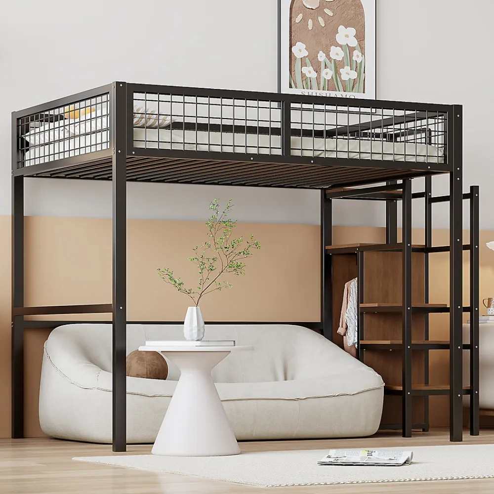 Lit superposé 140x200 cm avec armoire intégrée et échelle sécurisée, structure métal noir>Redom New