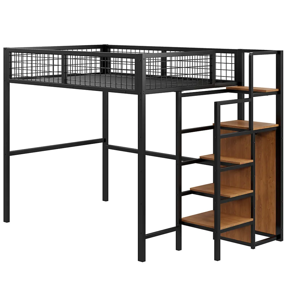 Lit superposé 140x200 cm avec armoire intégrée et échelle sécurisée, structure métal noir>Redom New