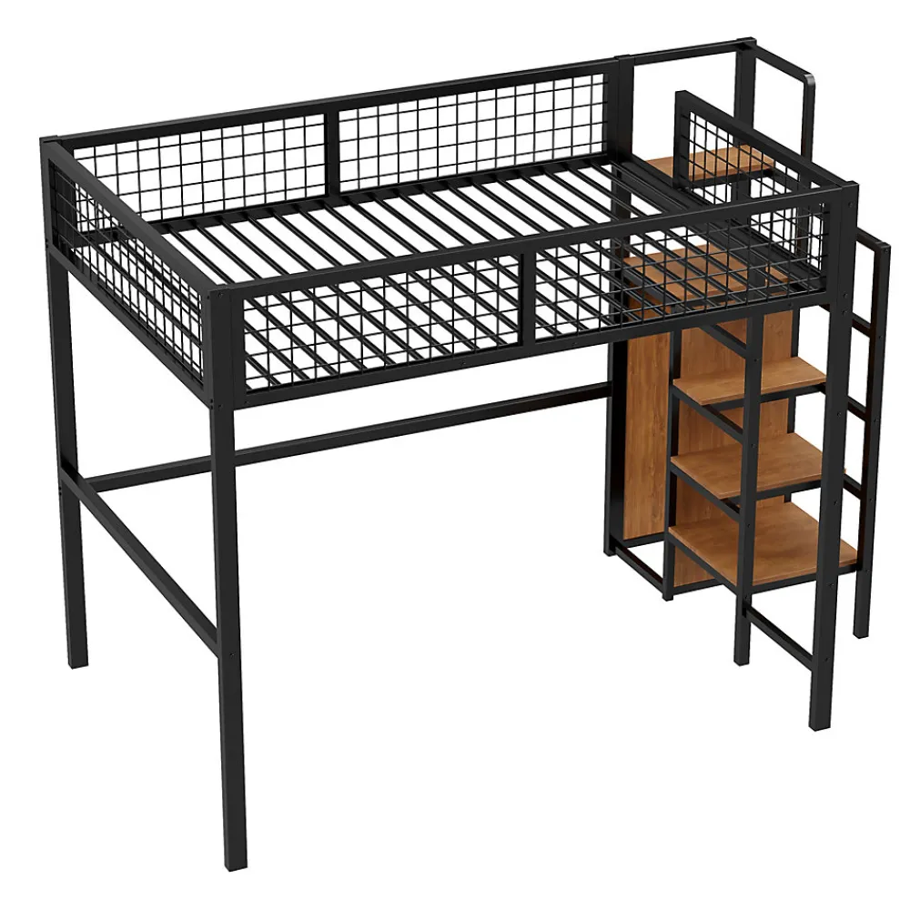 Lit superposé 140x200 cm avec armoire intégrée et échelle sécurisée, structure métal noir>Redom New