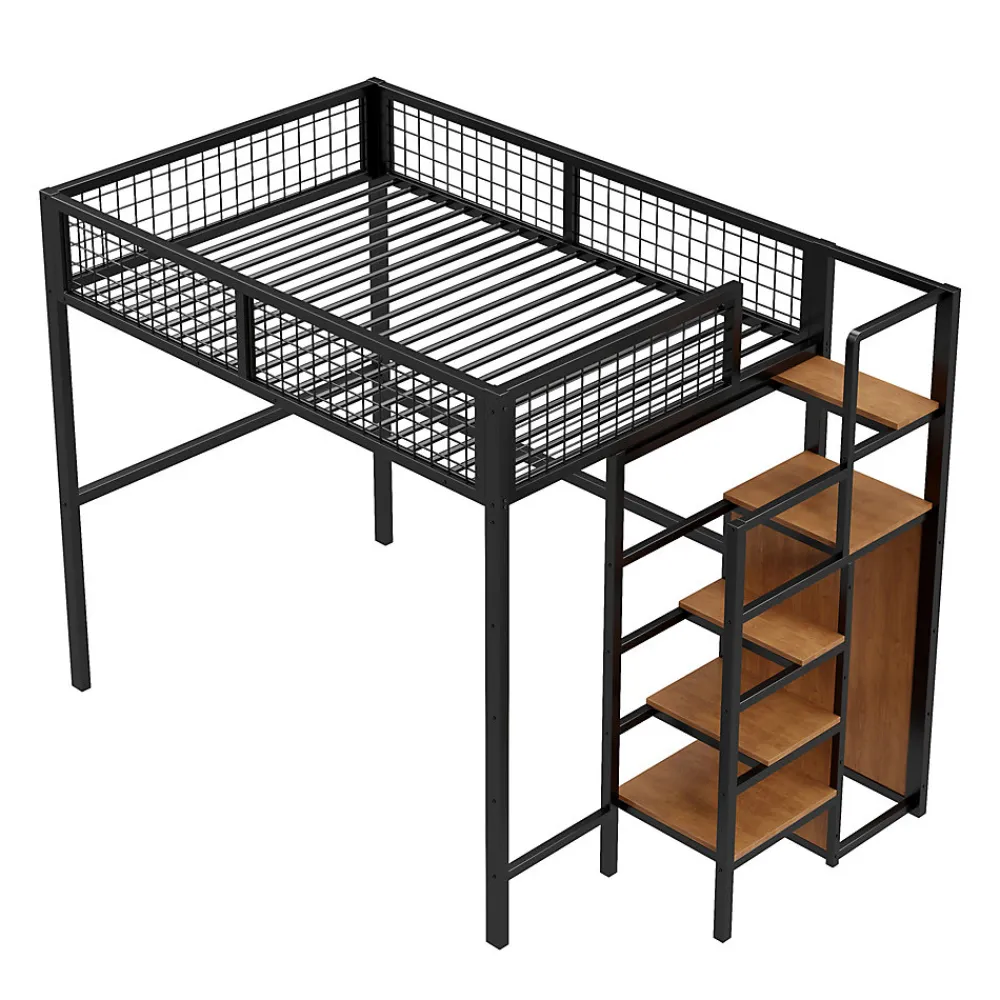 Lit superposé 140x200 cm avec armoire intégrée et échelle sécurisée, structure métal noir>Redom New