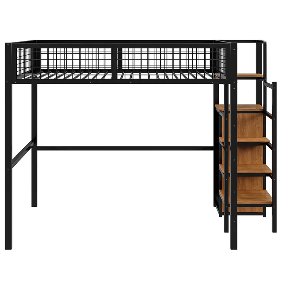 Lit superposé 140x200 cm avec armoire intégrée et échelle sécurisée, structure métal noir>Redom New