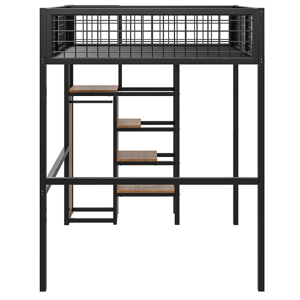 Lit superposé 140x200 cm avec armoire intégrée et échelle sécurisée, structure métal noir>Redom New