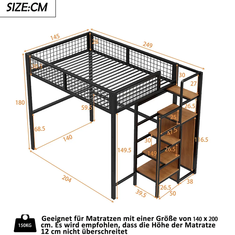 Lit superposé 140x200 cm avec armoire intégrée et échelle sécurisée, structure métal noir>Redom New