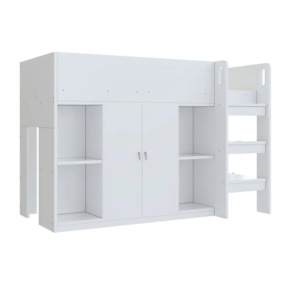 Redom Lit superposé 90x200 cm avec armoire et étagères intégrées, échelle incluse, structure en bois massif blanc et gris*Enfant Lit Enfant