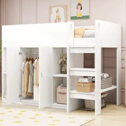 Redom Lit superposé 90x200 cm avec armoire et étagères intégrées, échelle incluse, structure en bois massif blanc et gris*Enfant Lit Enfant