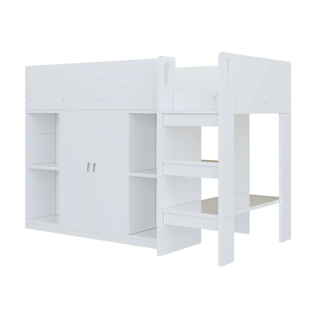 Redom Lit superposé 90x200 cm avec armoire et étagères intégrées, échelle incluse, structure en bois massif blanc et gris*Enfant Lit Enfant