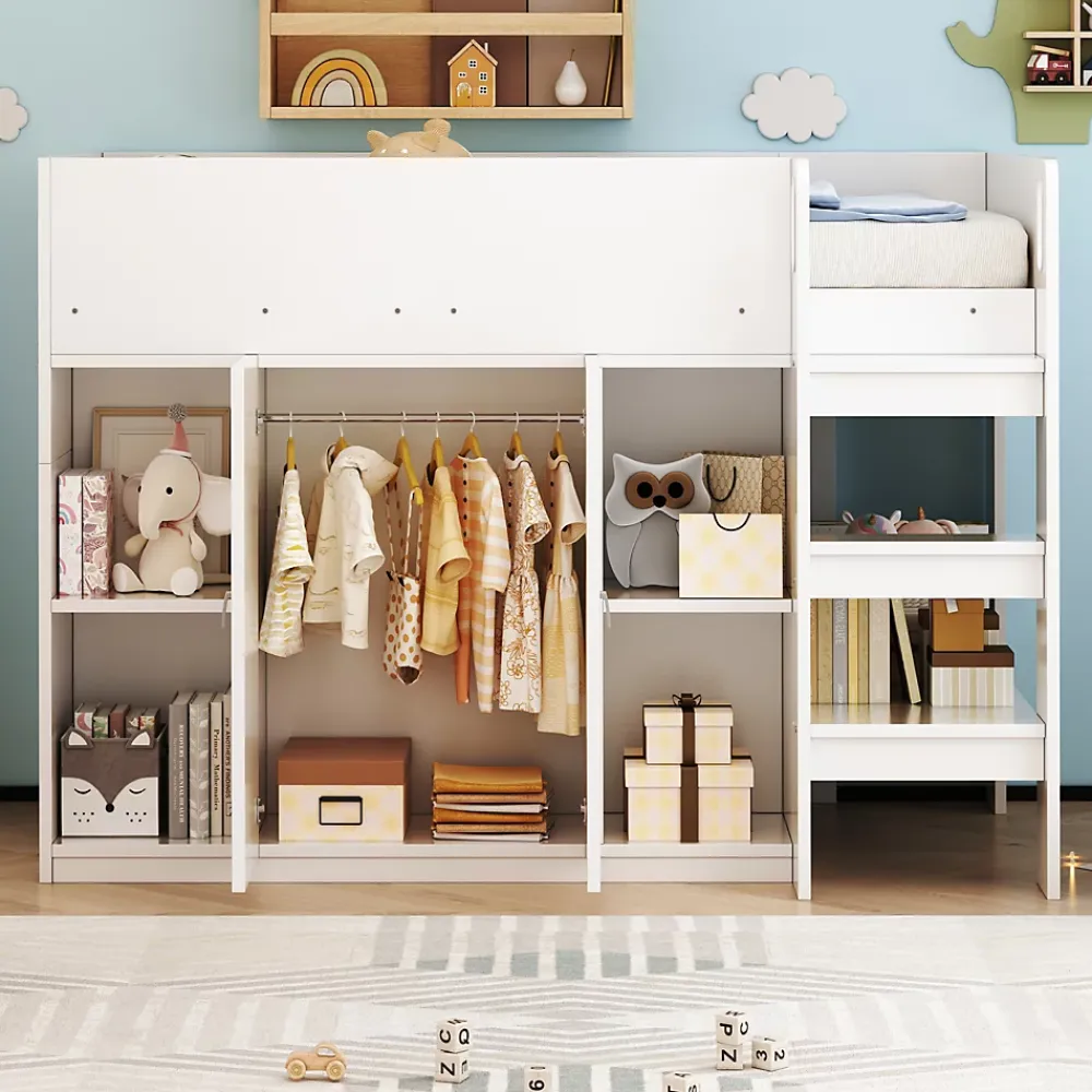 Redom Lit superposé 90x200 cm avec armoire et étagères intégrées, échelle incluse, structure en bois massif blanc et gris*Enfant Lit Enfant