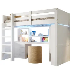 Lit superposé 90x200 cm avec bureau intégré et armoire intégrée en pin massif blanc><noscript><img width=