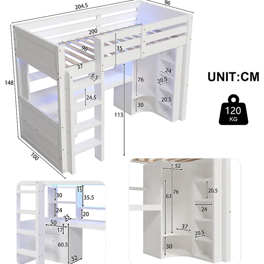 Lit superposé 90x200 cm avec bureau intégré et armoire intégrée en pin massif blanc>Redom Best