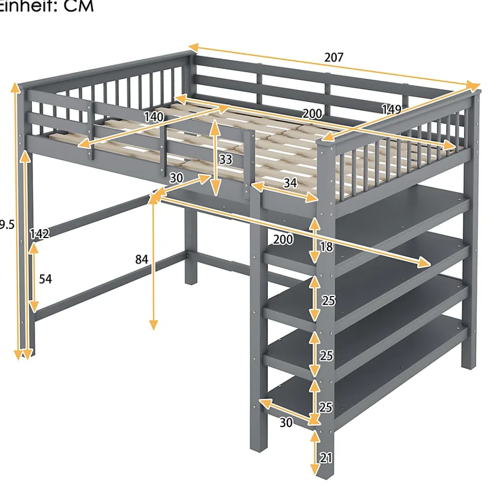 Redom Lit superposé 140x200 cm avec bureau intégré et étagères en pin massif et MDF, finition grise, gain de place*Enfant Lit Enfant