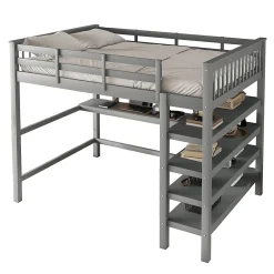 Redom Lit superposé 140x200 cm avec bureau intégré et étagères en pin massif et MDF, finition grise, gain de place*Enfant Lit Enfant