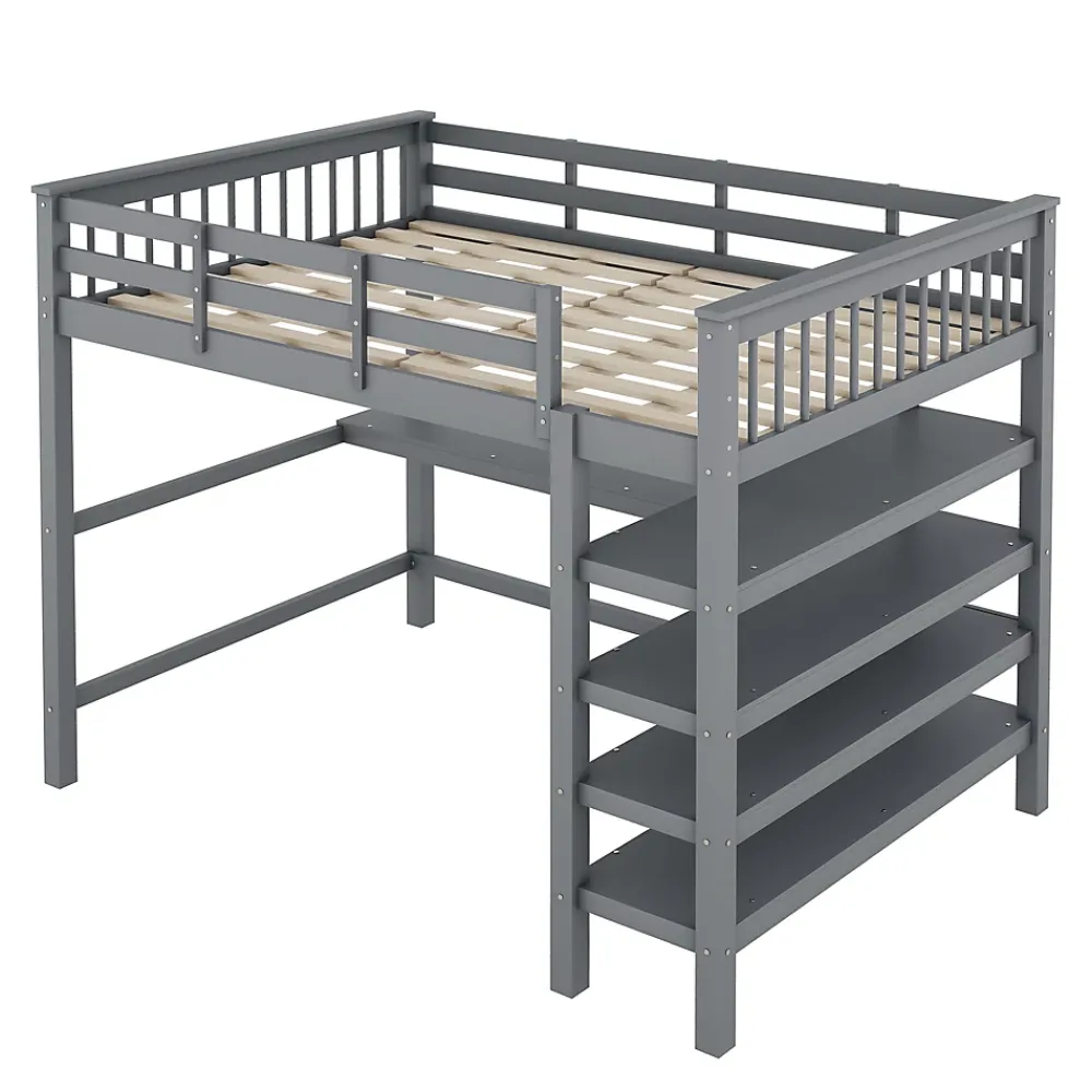 Redom Lit superposé 140x200 cm avec bureau intégré et étagères en pin massif et MDF, finition grise, gain de place*Enfant Lit Enfant