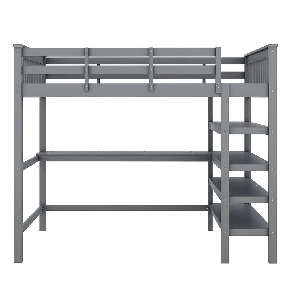 Redom Lit superposé 140x200 cm avec bureau intégré et étagères en pin massif et MDF, finition grise, gain de place*Enfant Lit Enfant