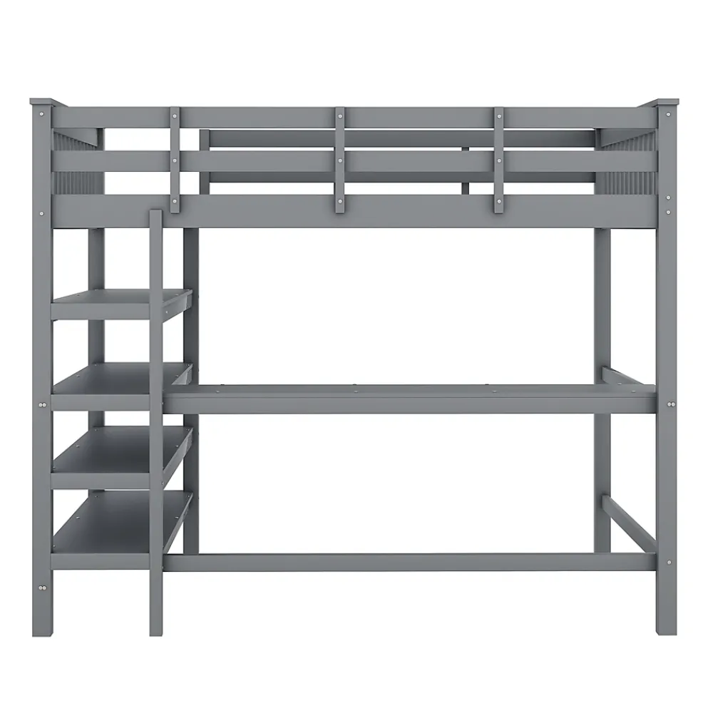 Redom Lit superposé 140x200 cm avec bureau intégré et étagères en pin massif et MDF, finition grise, gain de place*Enfant Lit Enfant