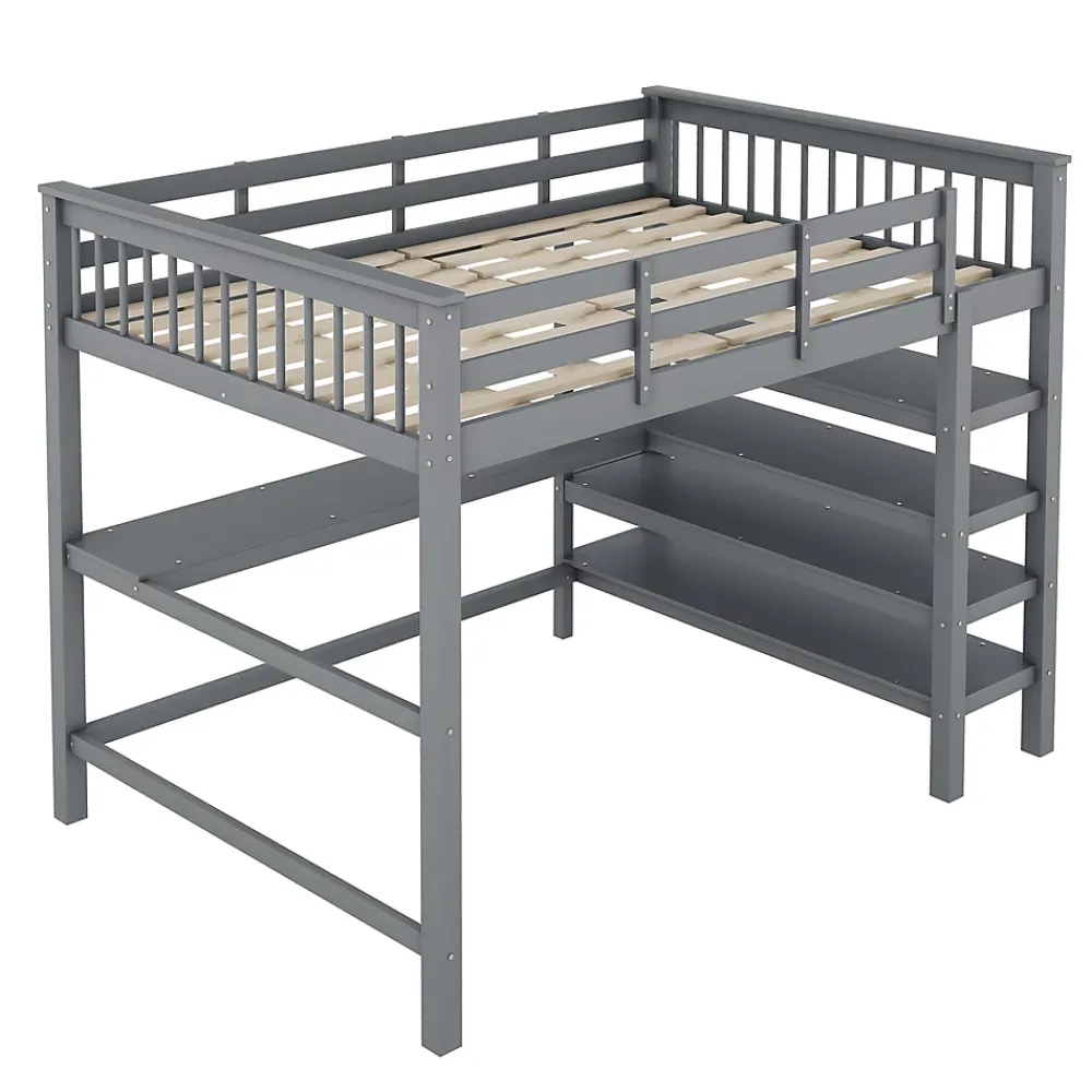 Redom Lit superposé 140x200 cm avec bureau intégré et étagères en pin massif et MDF, finition grise, gain de place*Enfant Lit Enfant