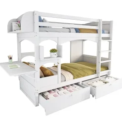 Lit superposé 90x200 cm avec bureau rabattable, 2 tiroirs et sommier à lattes, structure bois massif><noscript><img width=