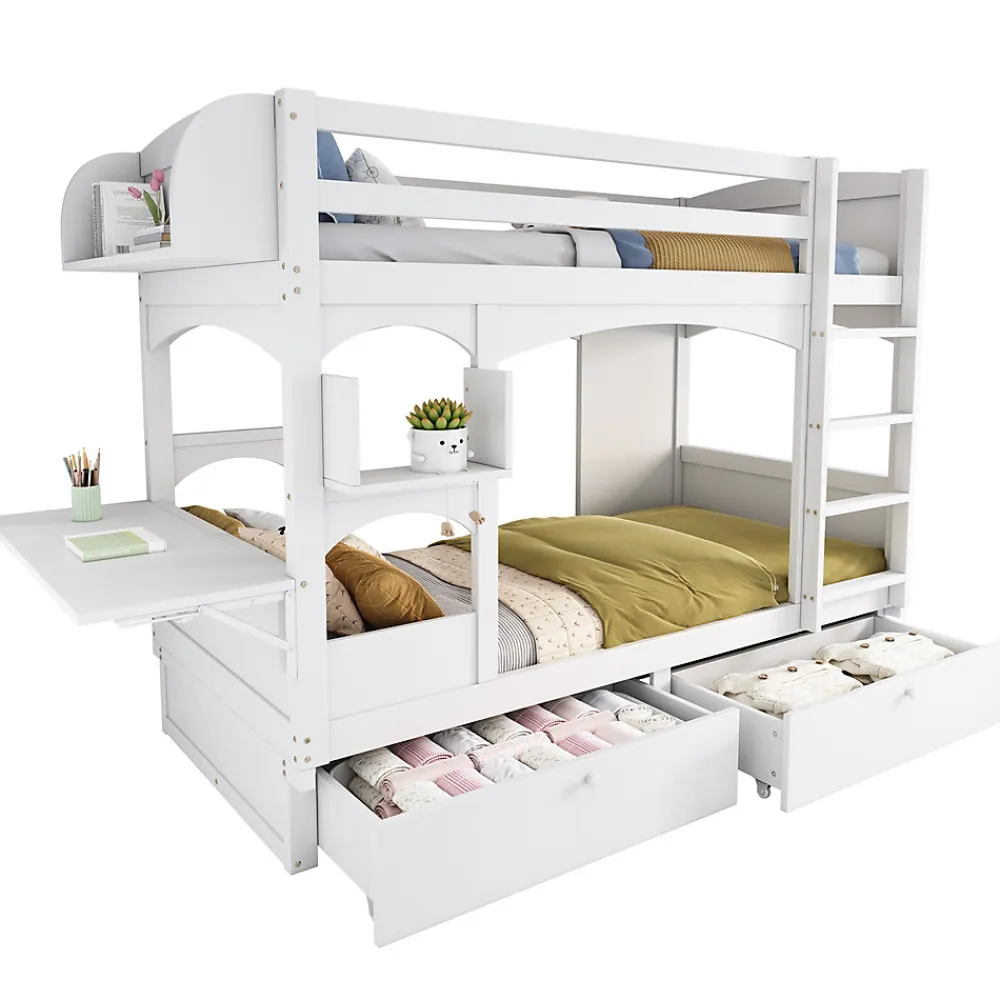 Lit superposé 90x200 cm avec bureau rabattable, 2 tiroirs et sommier à lattes, structure bois massif>Redom Online
