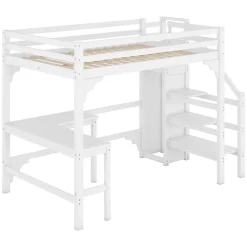 Redom Lit superposé 140x200 cm avec bureau en L et escalier à rangement, structure pin et MDF, minimaliste blanc*Enfant Lit Enfant