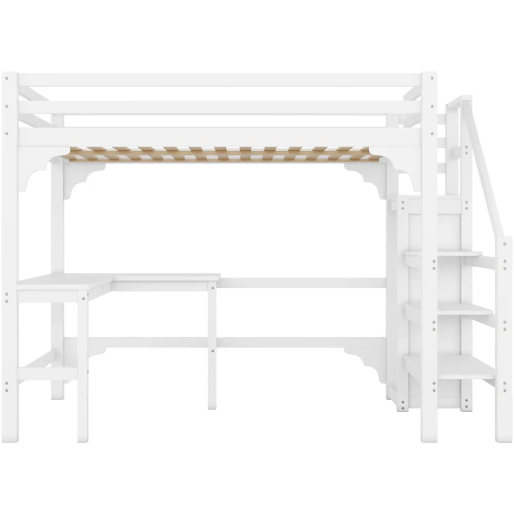 Redom Lit superposé 140x200 cm avec bureau en L et escalier à rangement, structure pin et MDF, minimaliste blanc*Enfant Lit Enfant