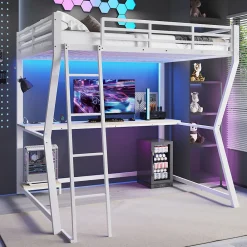 Redom Lit superposé 140x200 cm avec bureau intégré, étagère ordinateur et bande LED, structure métal et MDF, blanc*Enfant Lit Enfant